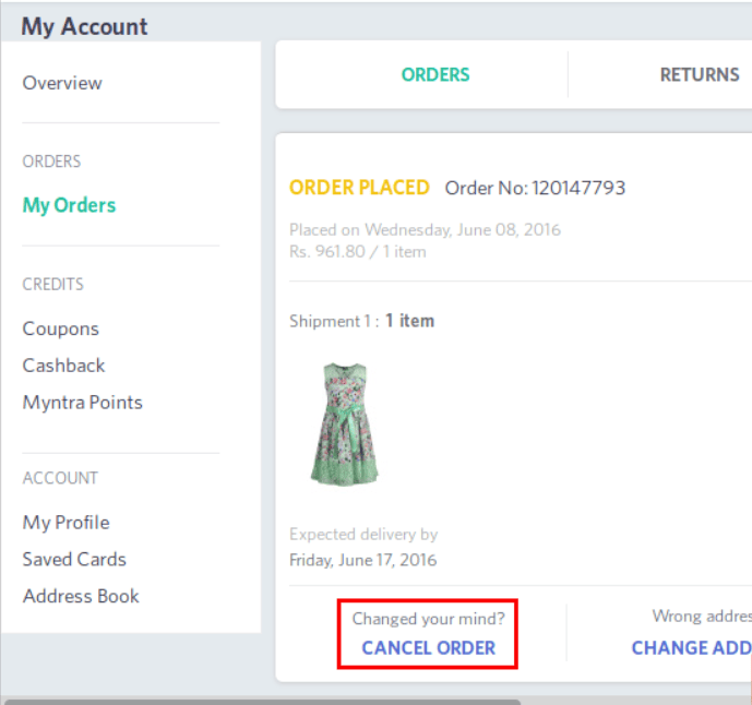 easy methods to cancel order in myntra